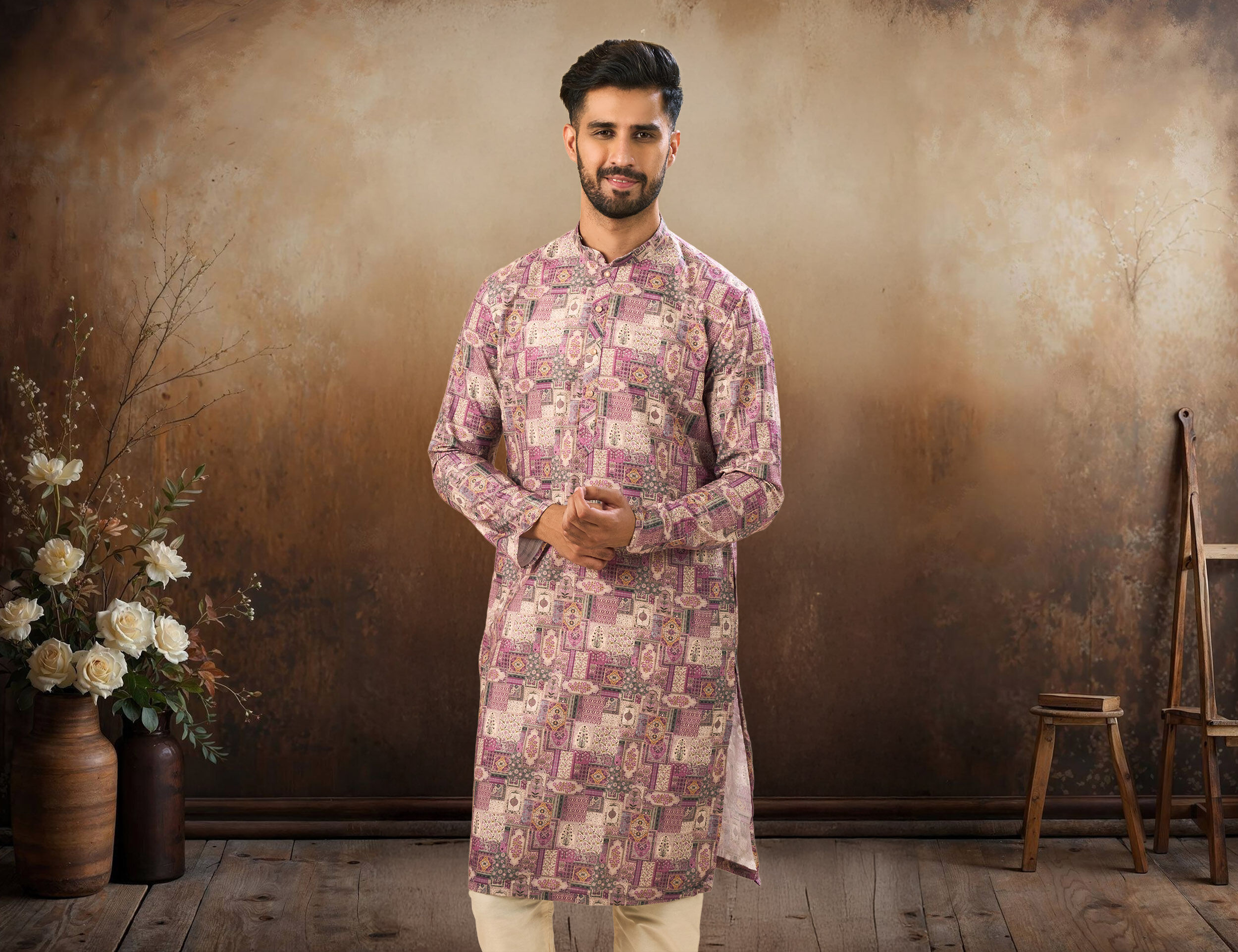 A man in a stylish printed cotton kurta pajama set perfect for a Navratri celebration.